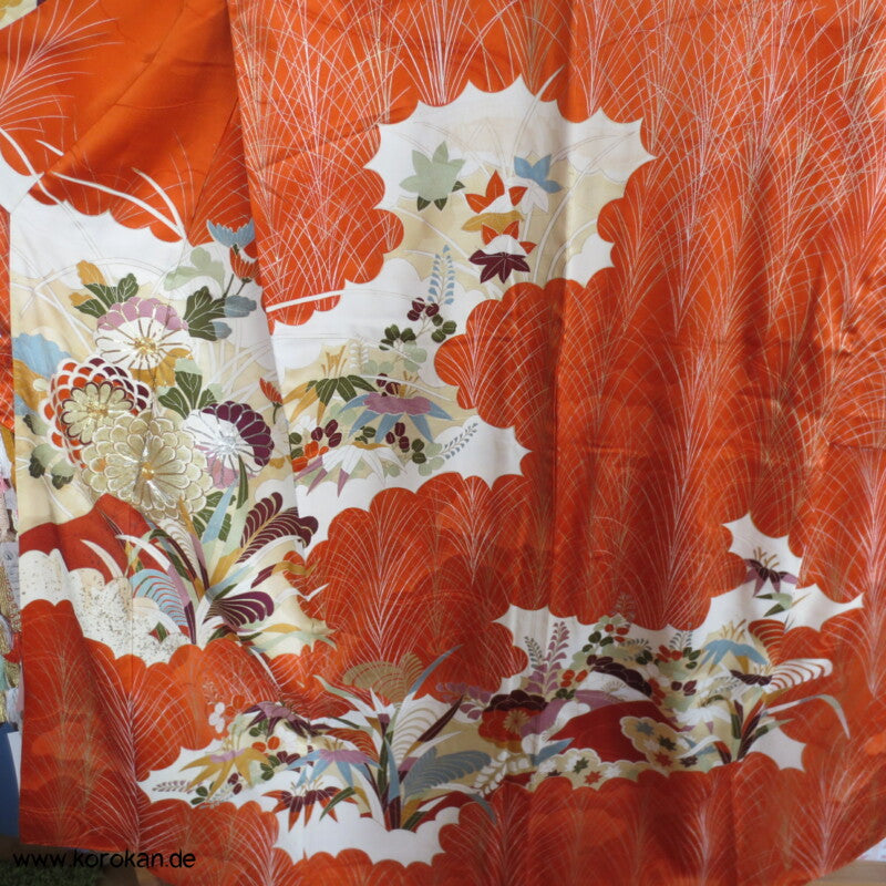Gräser, Bambus, Chrysanthemen Seidendamast Furisode Kimono