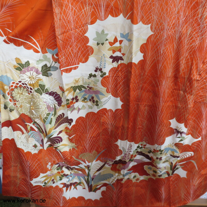 Gräser, Bambus, Chrysanthemen Seidendamast Furisode Kimono