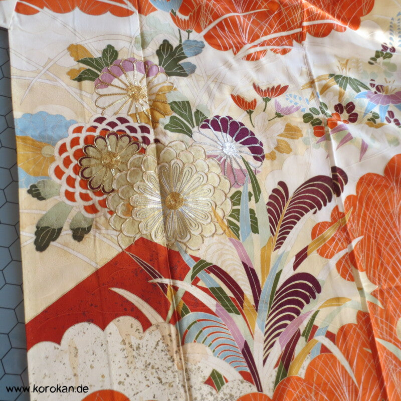 Gräser, Bambus, Chrysanthemen Seidendamast Furisode Kimono