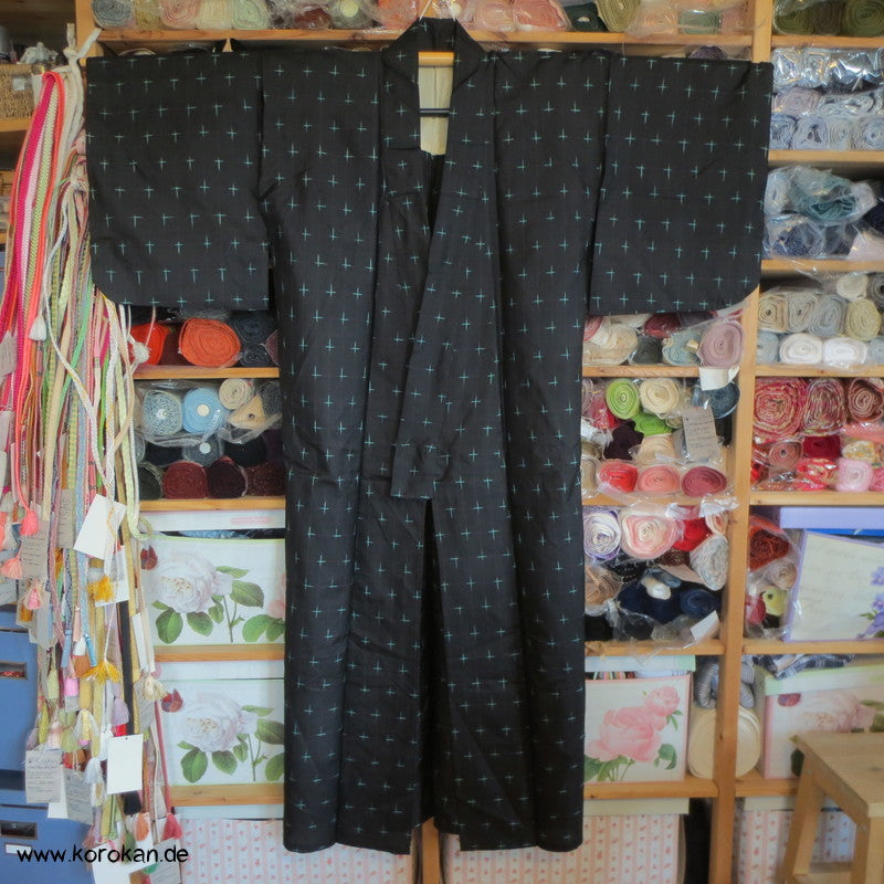 Igeta Kasuri türkis auf schwarz Hitoe Meisen Komon Kimono