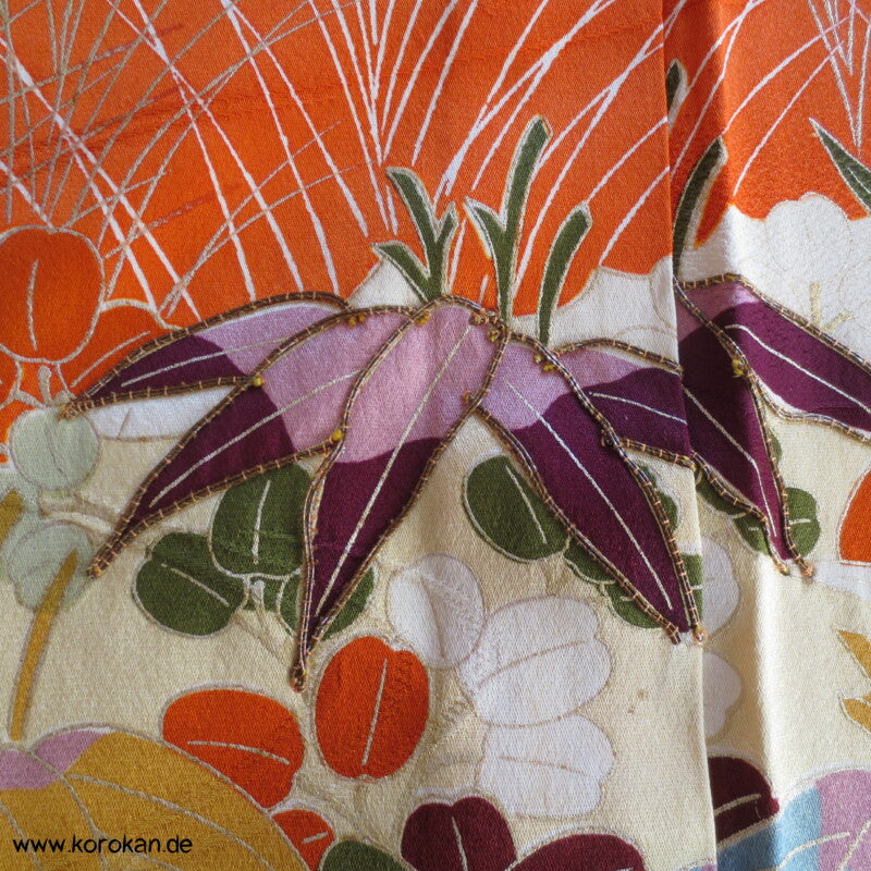 Gräser, Bambus, Chrysanthemen Seidendamast Furisode Kimono