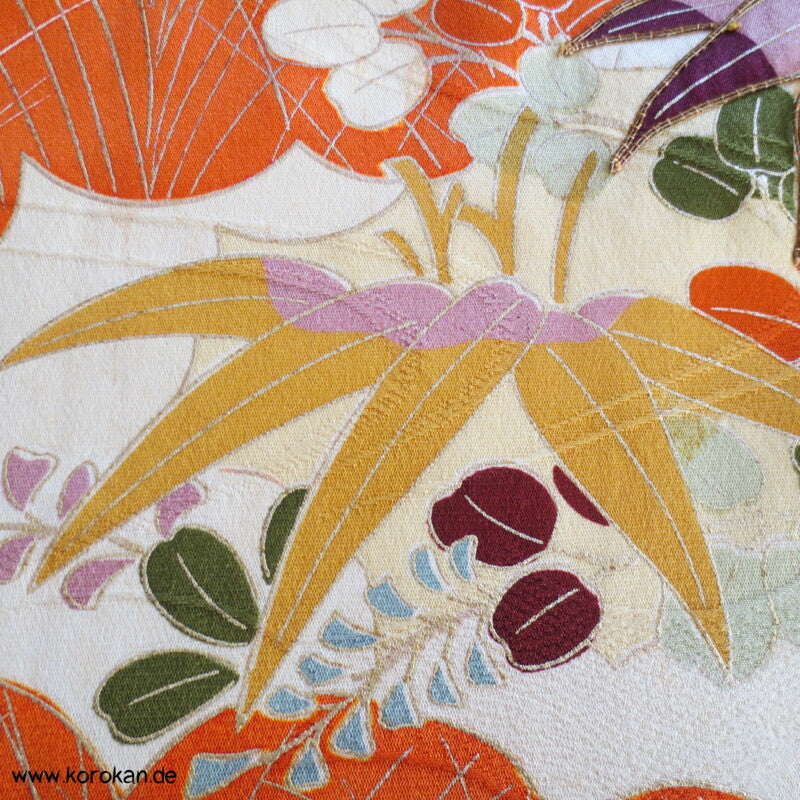 Gräser, Bambus, Chrysanthemen Seidendamast Furisode Kimono