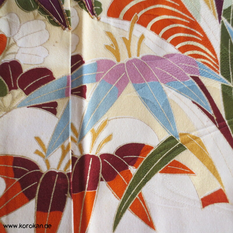 Gräser, Bambus, Chrysanthemen Seidendamast Furisode Kimono
