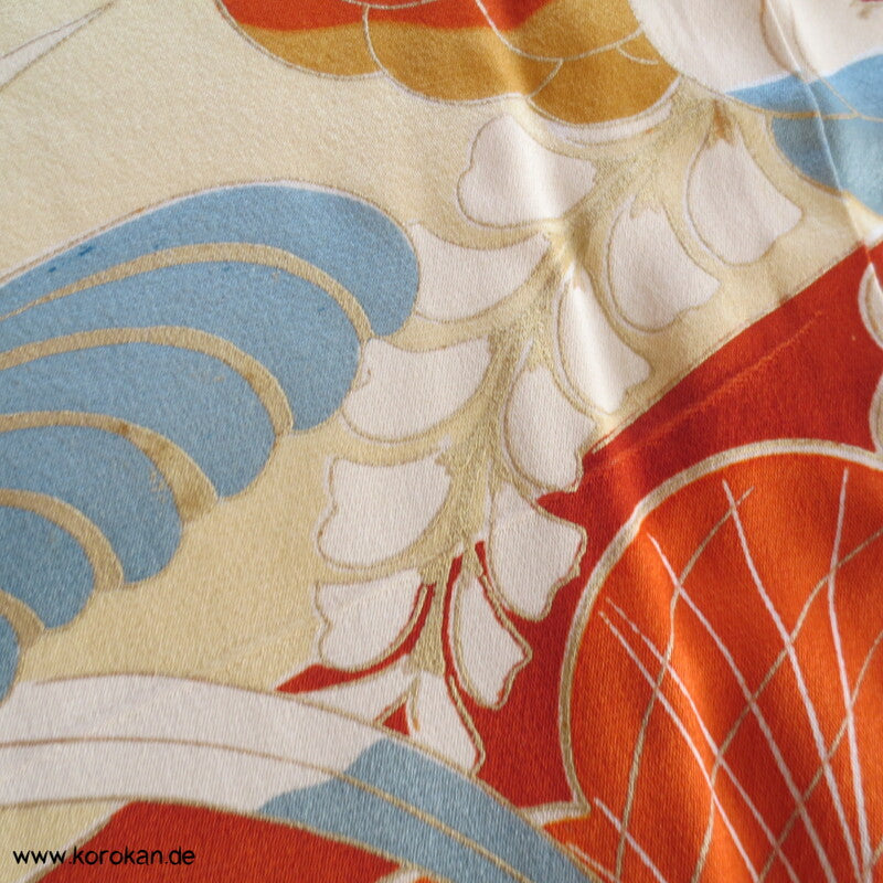 Gräser, Bambus, Chrysanthemen Seidendamast Furisode Kimono
