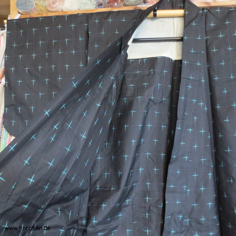 Igeta Kasuri türkis auf schwarz Hitoe Meisen Komon Kimono
