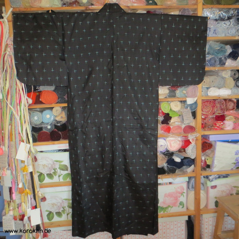 Igeta Kasuri türkis auf schwarz Hitoe Meisen Komon Kimono