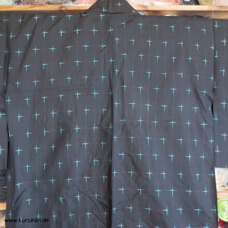 Igeta Kasuri türkis auf schwarz Hitoe Meisen Komon Kimono