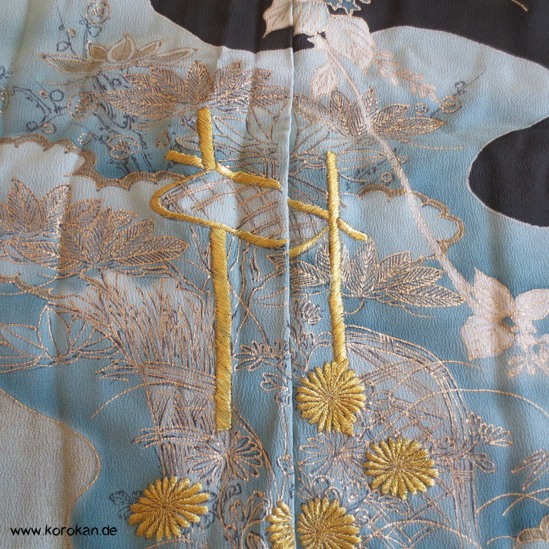 Tomesode Goldstickerei Bambus Trellis Seiden Kimono Karieba