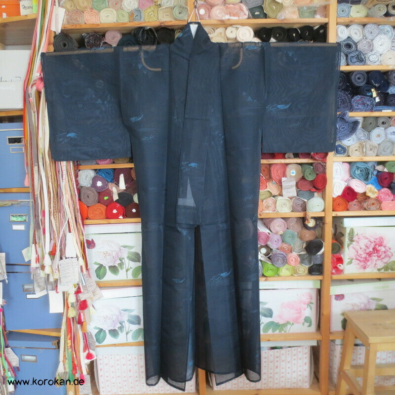 Boote und Bambusgitter Sommer Hitoe Kimono Sha Seide