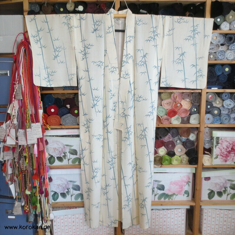 blaues Bambusmuster Hitoe Kimono, Rho Seide