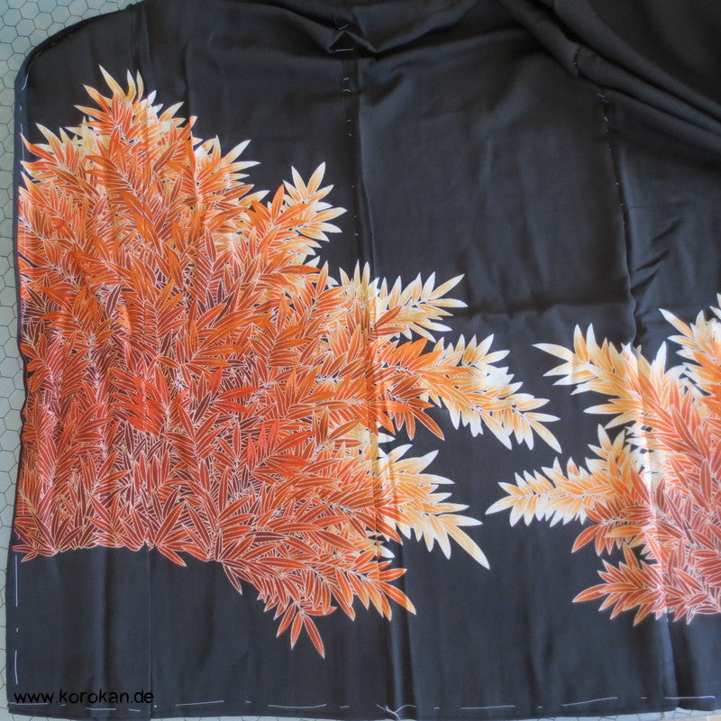 Tomesode orangene Gräser, Teilstickerei Seiden Kimono Karieba