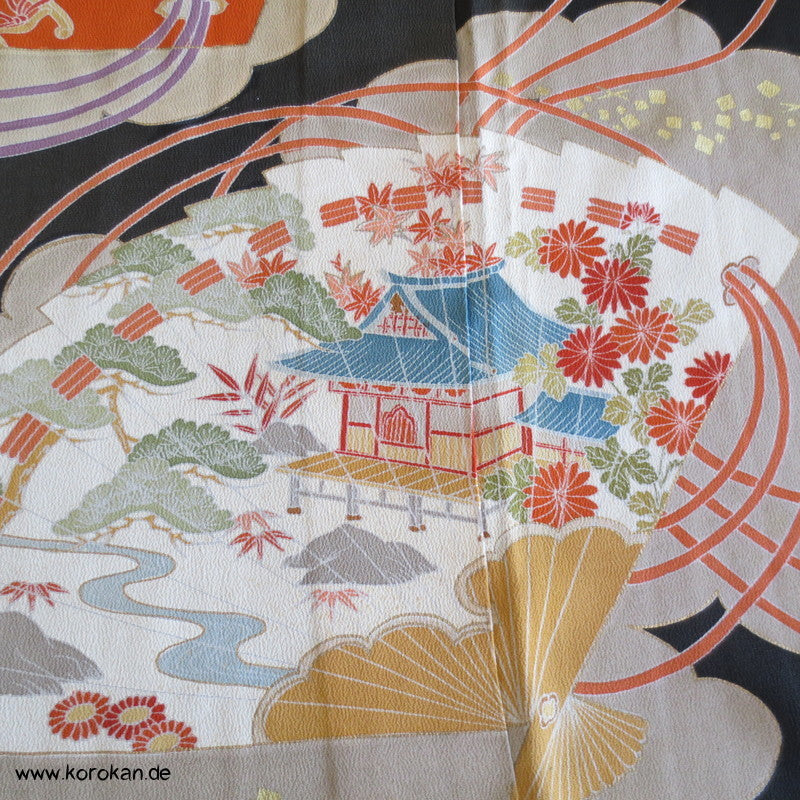 Tomesode Fächer, Wolke, Bänder Seiden Kimono Karieba