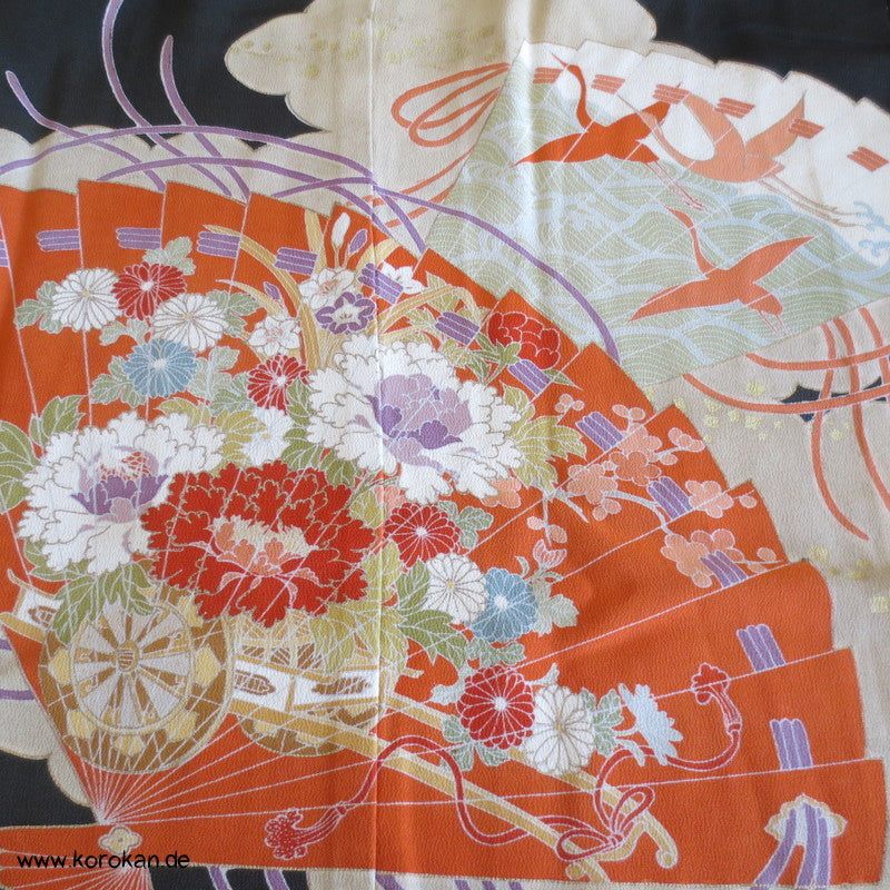 Tomesode Fächer, Wolke, Bänder Seiden Kimono Karieba