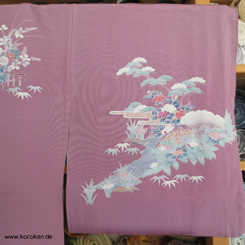 Tsukesage Kimono lilamauve Seidencrepe Gartenlandschaft