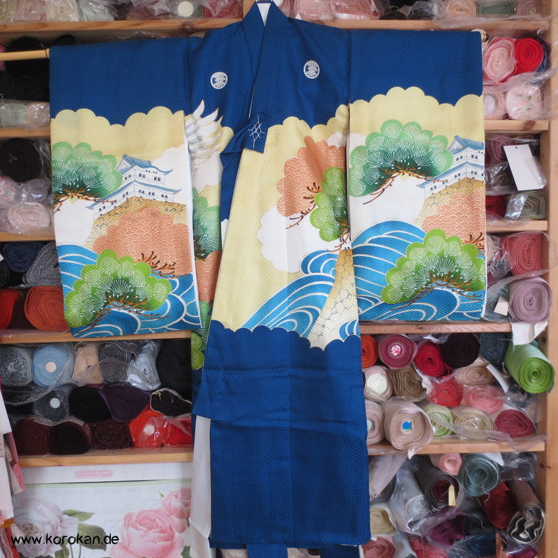 Furisode - Prachtkimono für kleine Jungen, Kranich, Goldstickerei