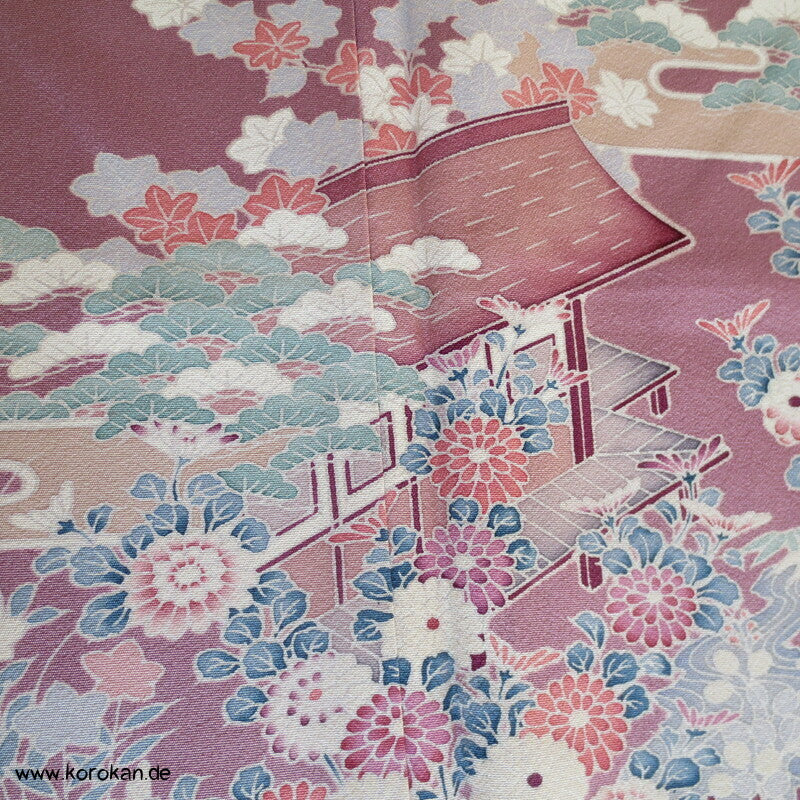 Tsukesage Kimono lilamauve Seidencrepe Gartenlandschaft