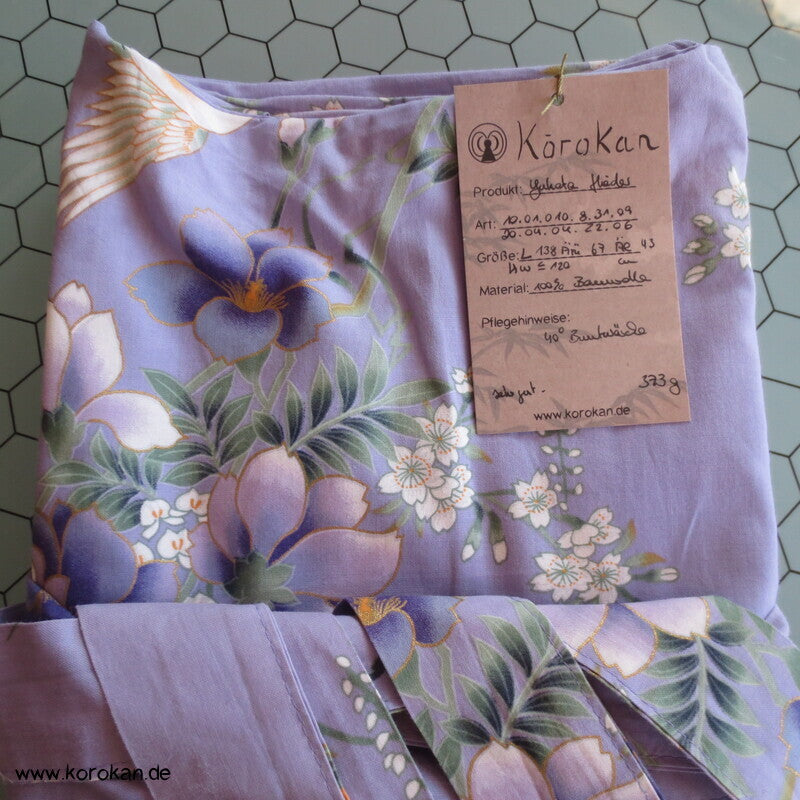 Yukata Baumwoll Kimono, Blumen und Vögel auf flieder