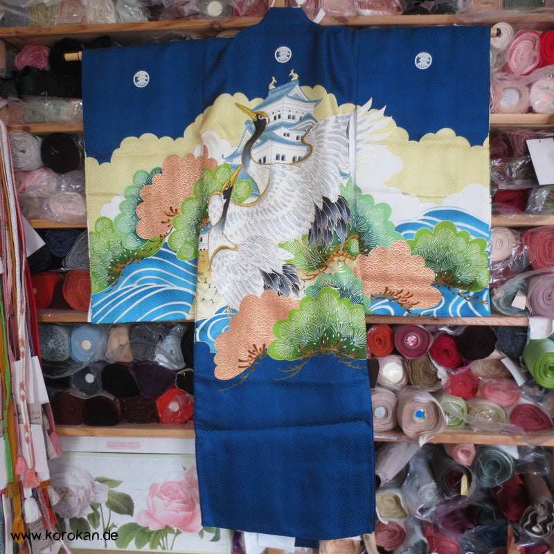 Furisode - Prachtkimono für kleine Jungen, Kranich, Goldstickerei