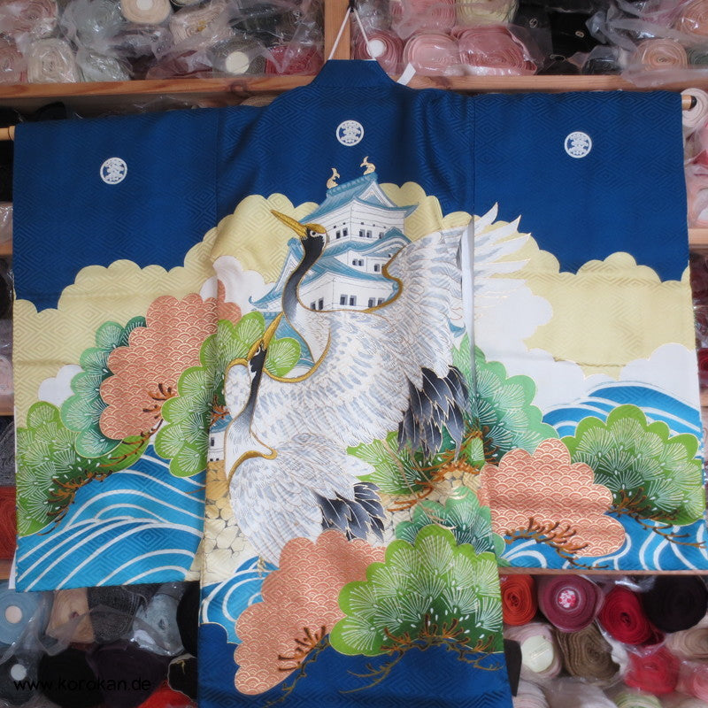Furisode - Prachtkimono für kleine Jungen, Kranich, Goldstickerei