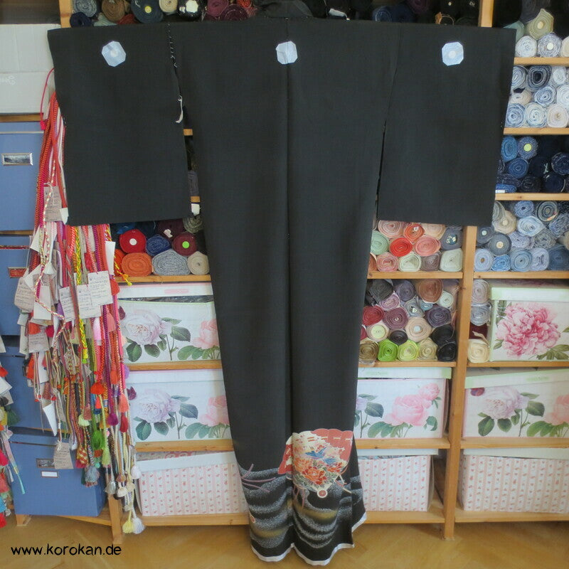 Tomesode, Fächermuster, Vögel Seiden Karieba Kimono