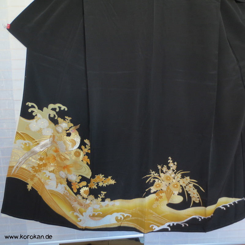 Goldfasan - Blütenstrauß, Welle Tomesode Seiden Kimono
