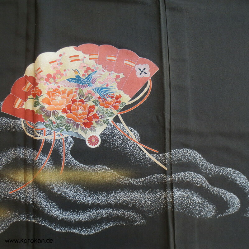 Tomesode, Fächermuster, Vögel Seiden Karieba Kimono