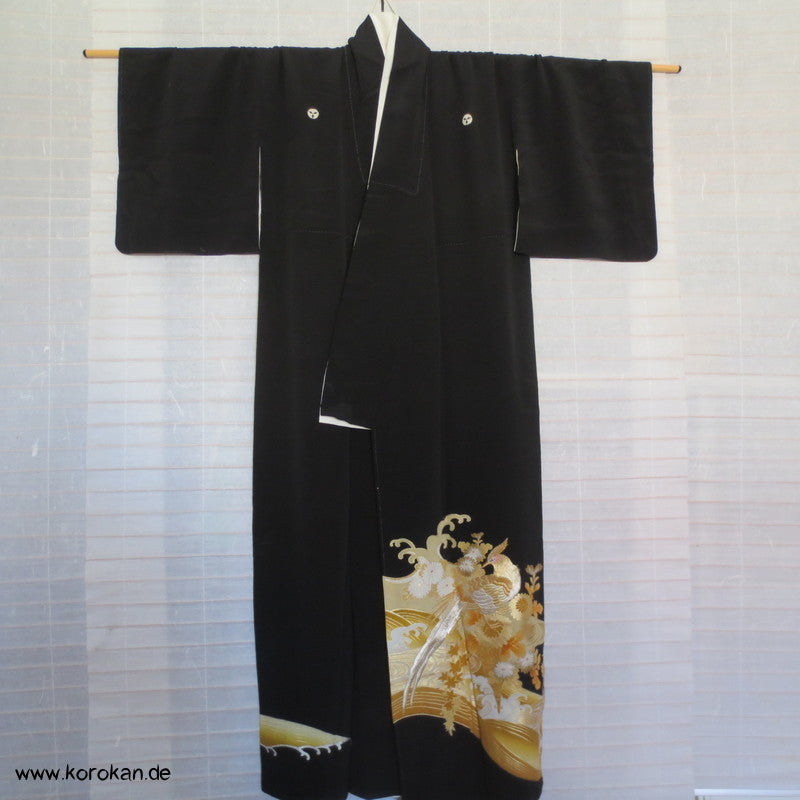 Goldfasan - Blütenstrauß, Welle Tomesode Seiden Kimono