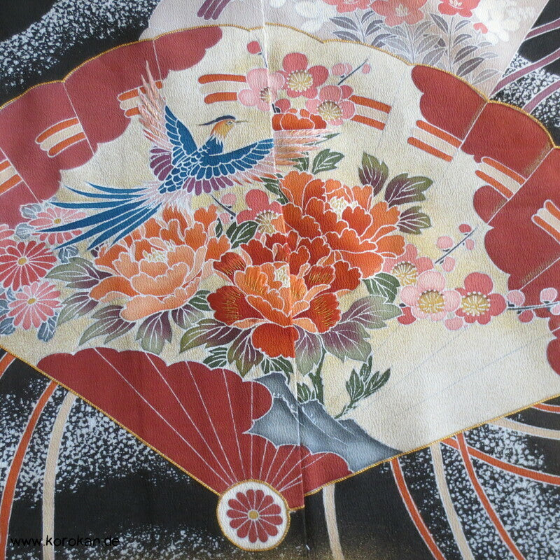 Tomesode, Fächermuster, Vögel Seiden Karieba Kimono