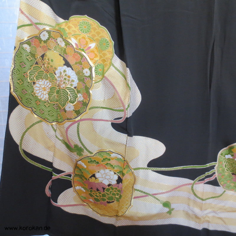 grün - goldene Spiegel Tomesode Seiden Kimono
