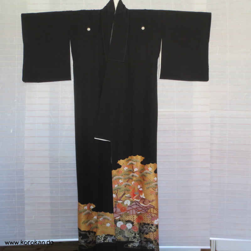 Mandarinentenpaar hinterm Zaun Tomesode Kimono