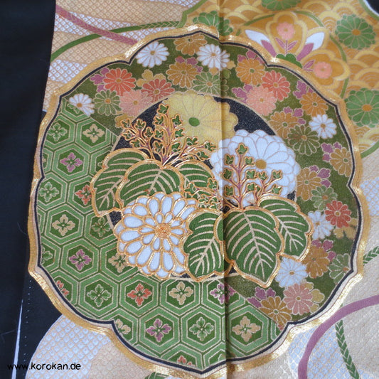 grün - goldene Spiegel Tomesode Seiden Kimono