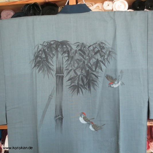 handgemalte Spatzen im Bambus Männer Juban Hitoe Unterkimono