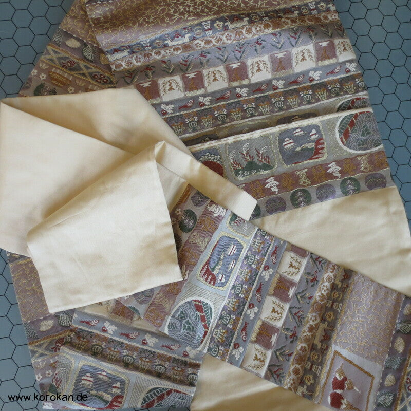 Rettich, Fisch, Aubergine, Muschel, Häuser etc.... Nagoya Seidenbrokat Obi Kimonogürtel