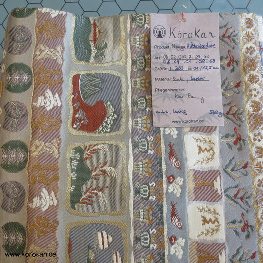 Rettich, Fisch, Aubergine, Muschel, Häuser etc.... Nagoya Seidenbrokat Obi Kimonogürtel