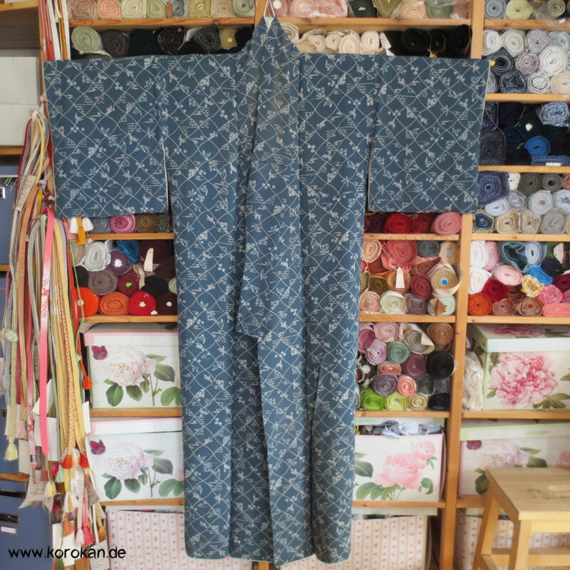 blaugrau, Vögelchen Komon Seiden Kimono - nur als Materiallager