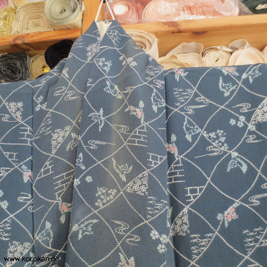 blaugrau, Vögelchen Komon Seiden Kimono - nur als Materiallager