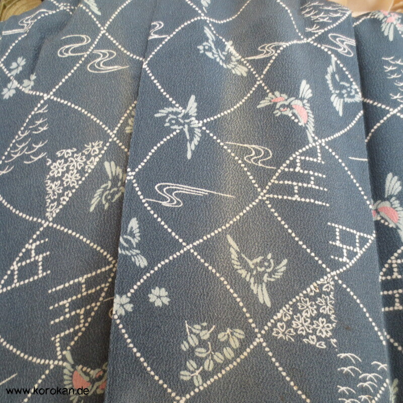 blaugrau, Vögelchen Komon Seiden Kimono - nur als Materiallager