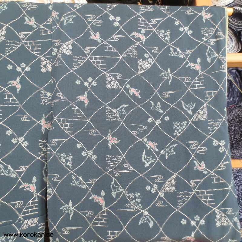blaugrau, Vögelchen Komon Seiden Kimono - nur als Materiallager