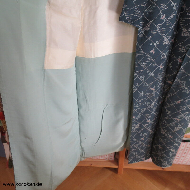 blaugrau, Vögelchen Komon Seiden Kimono - nur als Materiallager