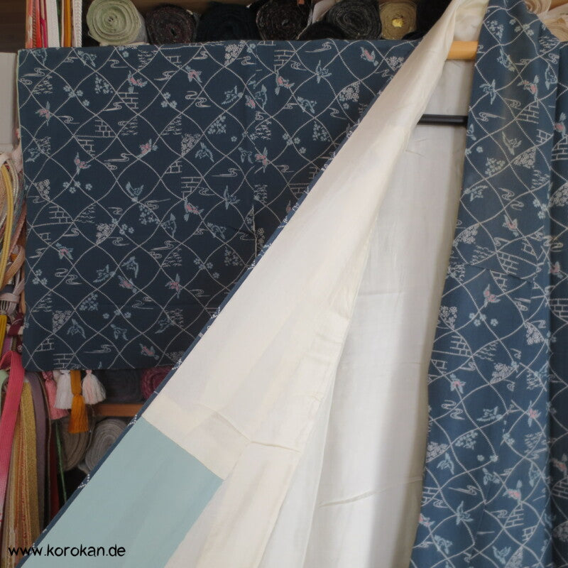 blaugrau, Vögelchen Komon Seiden Kimono - nur als Materiallager