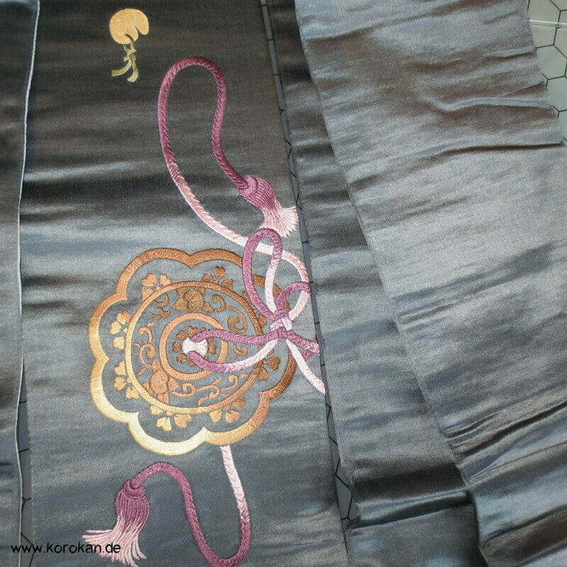 gestickte Spiegel Nagoya Obi bleigrauer Satin Kimonogürtel