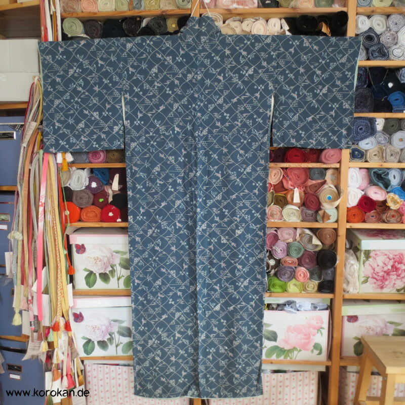 blaugrau, Vögelchen Komon Seiden Kimono - nur als Materiallager