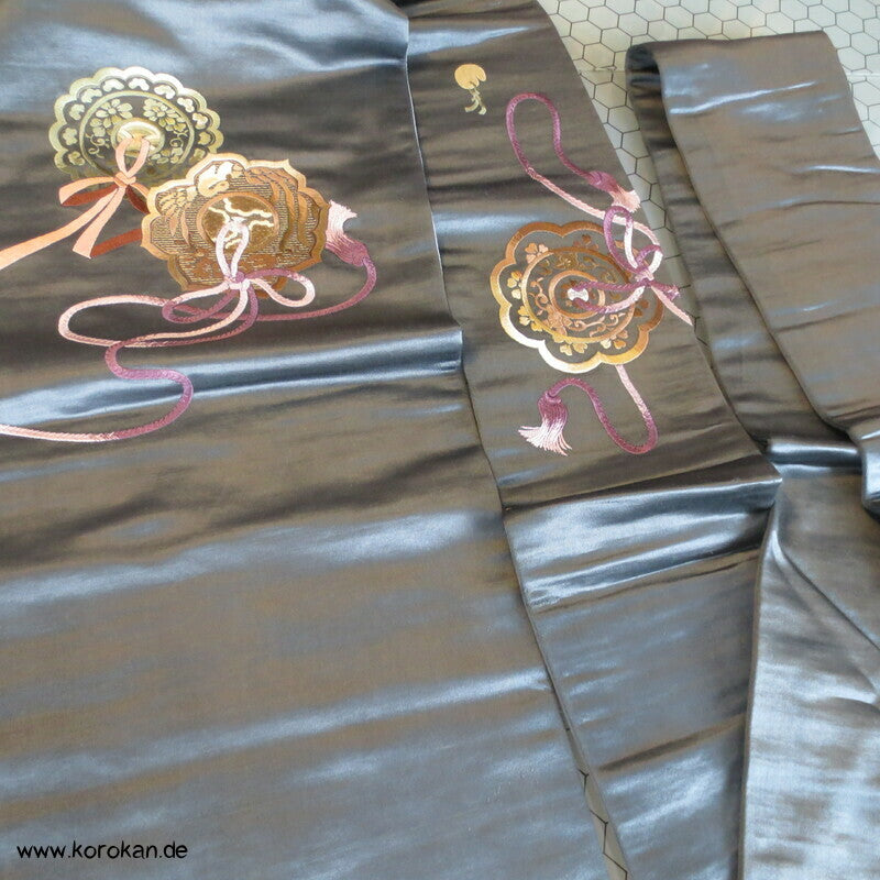 gestickte Spiegel Nagoya Obi bleigrauer Satin Kimonogürtel