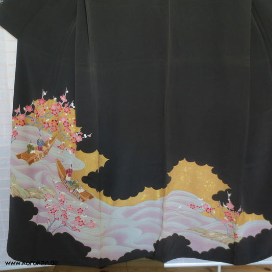 Bootsfahrt unter Kirschzweigen Tomesode Seiden Kimono