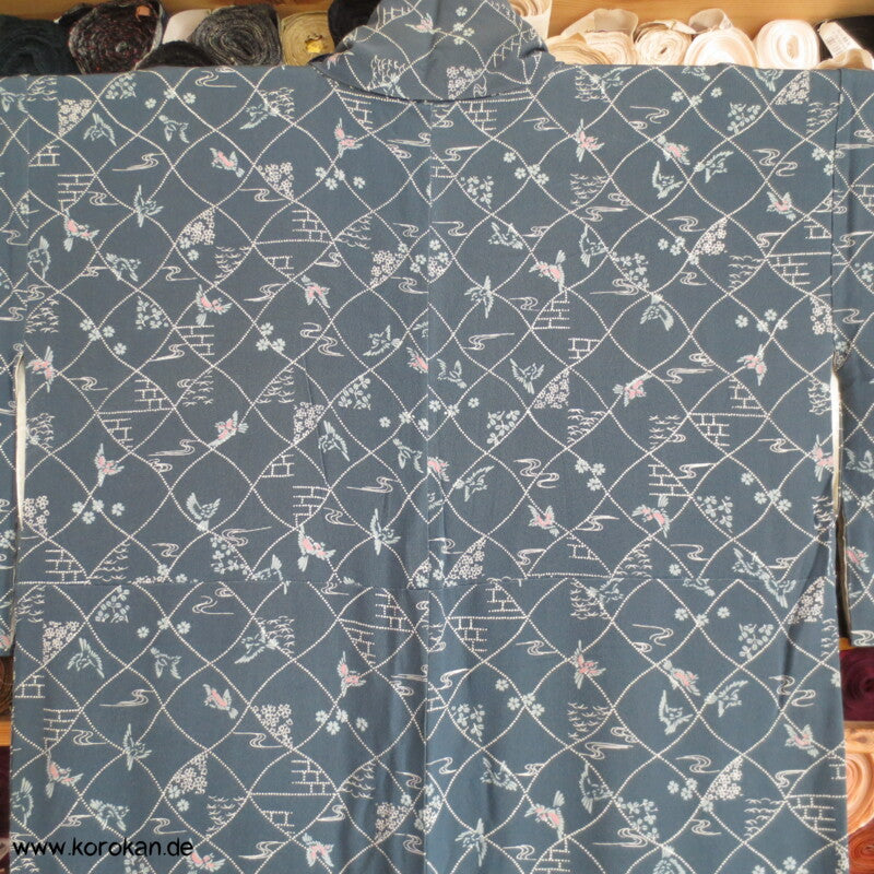 blaugrau, Vögelchen Komon Seiden Kimono - nur als Materiallager