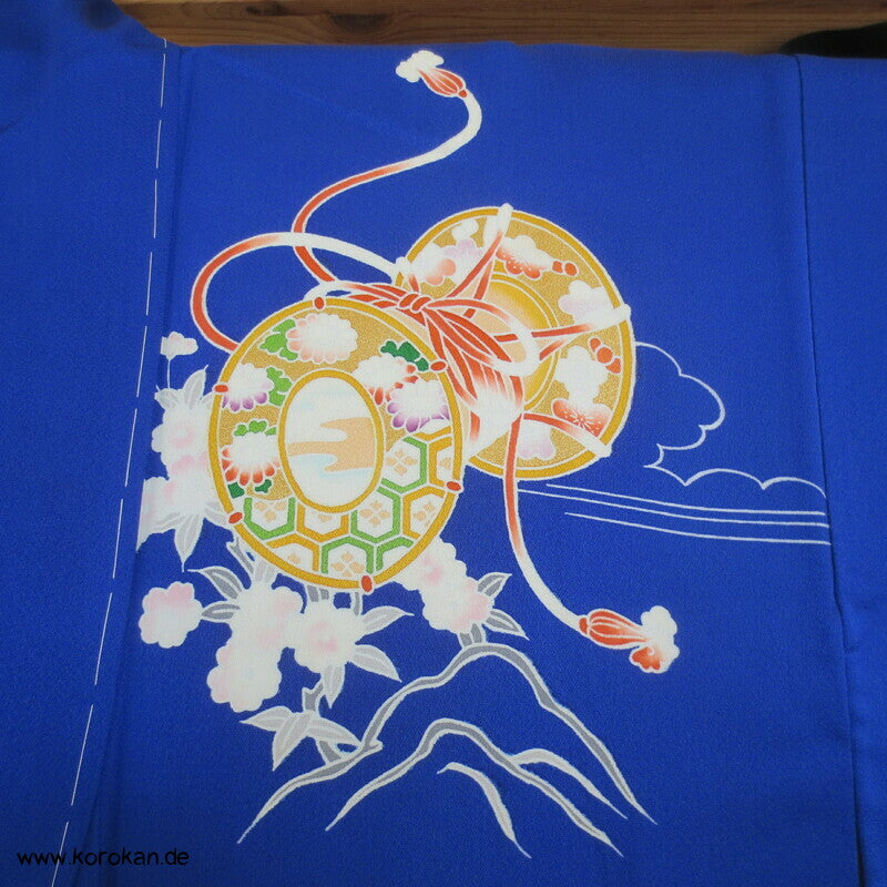 Tsukesage Kimono Seide kobaltblau mit Handtrommeln, teilbestickt