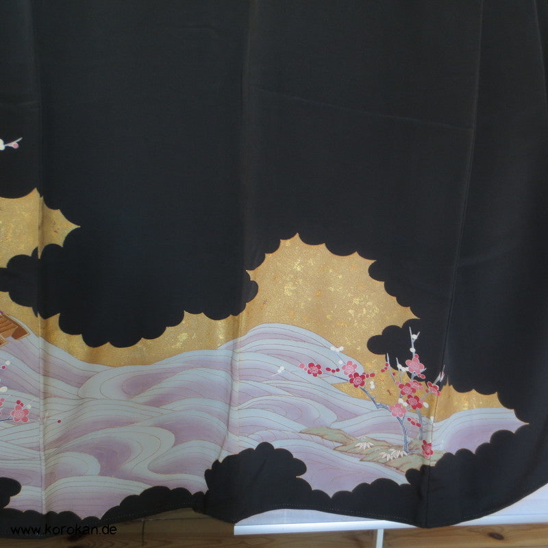 Bootsfahrt unter Kirschzweigen Tomesode Seiden Kimono
