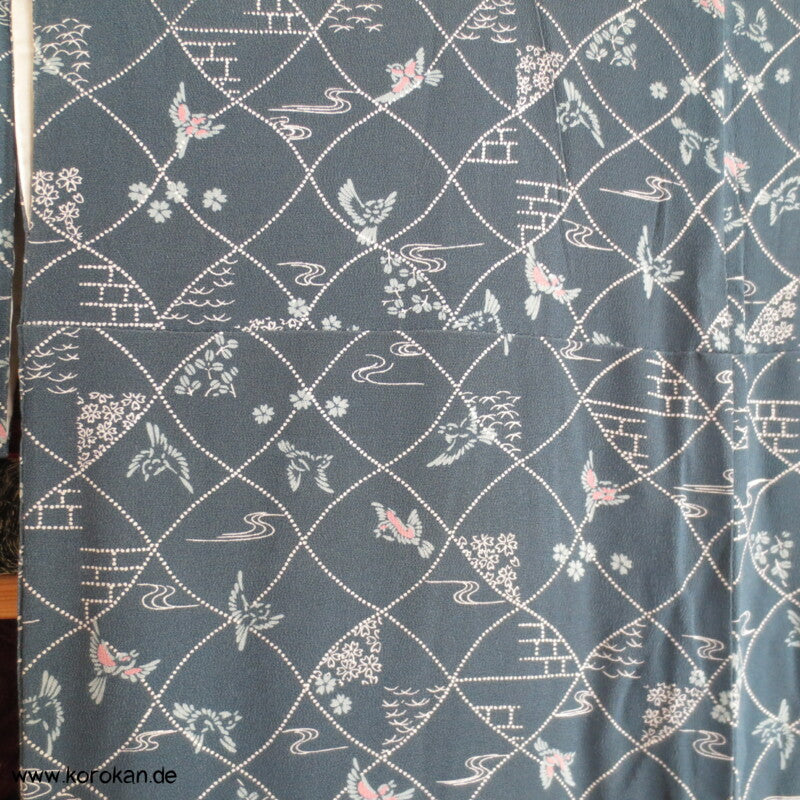 blaugrau, Vögelchen Komon Seiden Kimono - nur als Materiallager