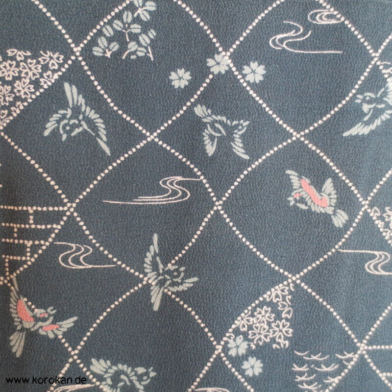blaugrau, Vögelchen Komon Seiden Kimono - nur als Materiallager