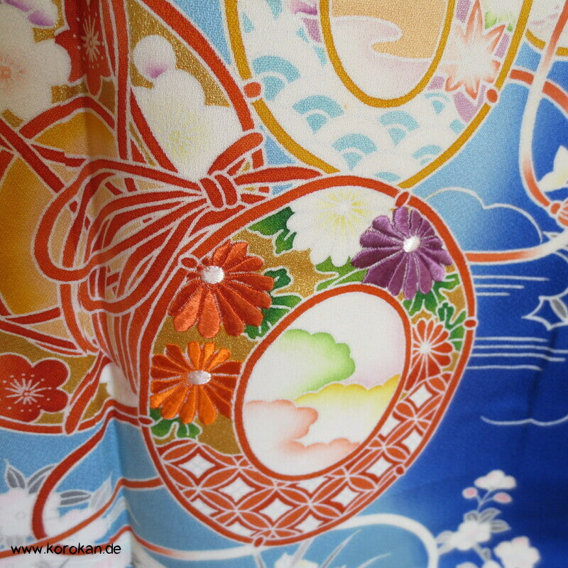 Tsukesage Kimono Seide kobaltblau mit Handtrommeln, teilbestickt